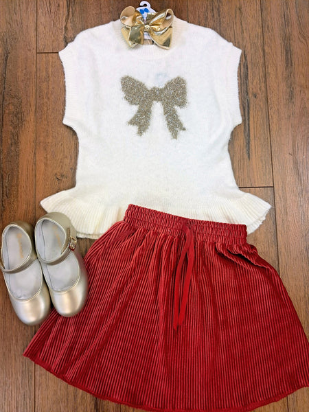 Red Pleated Velour Skirt
