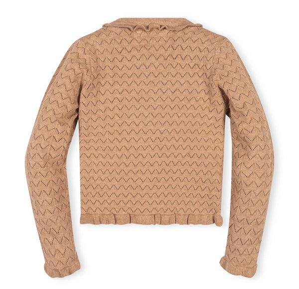 Ruffle Trim Pointelle Cardigan-Camel