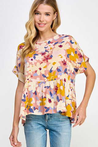 Floral Top with Cuffed Sleeves