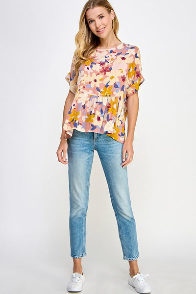 Floral Top with Cuffed Sleeves