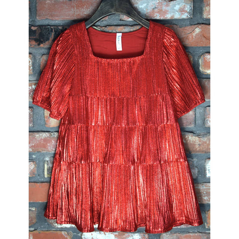 Metallic Tiered Dress in Red