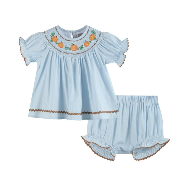 Lt Blue Pumpkin Smocked Bloomer Set