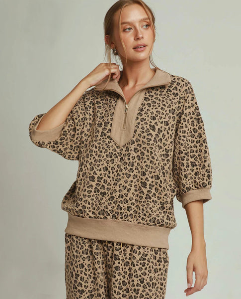 Leopard Jacquard Half Zip Pullover