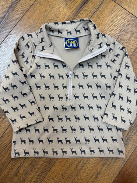 A beige long-sleeve quarter-zip pullover with an all-over black deer print, laid flat on a wooden floor. The brand label inside the collar reads 'Cabin Fever'.