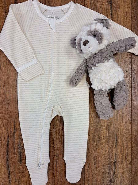 Khaki Stripe Zipper Footie