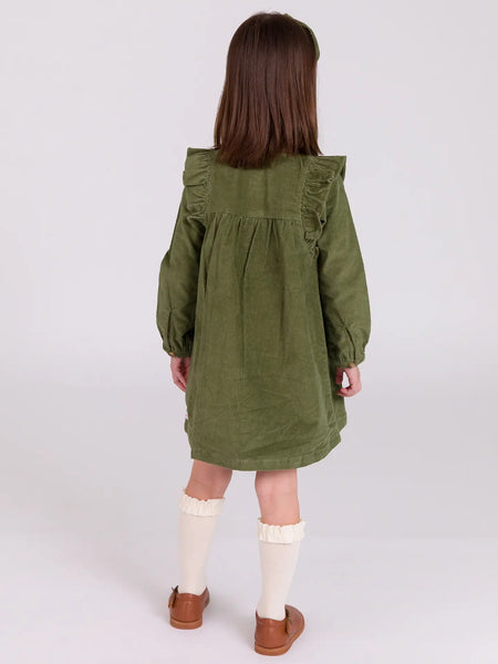 Olive Corduroy Ruffle Dress