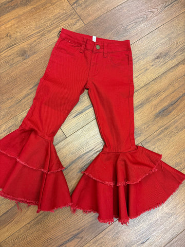 Double Ruffle Denim Jeans - Red