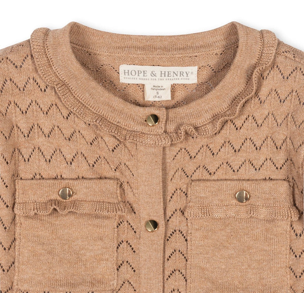 Ruffle Trim Pointelle Cardigan-Camel