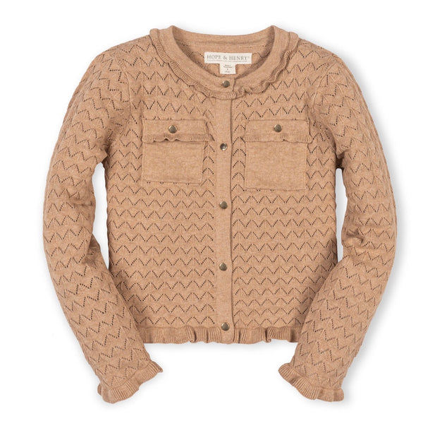 Ruffle Trim Pointelle Cardigan-Camel