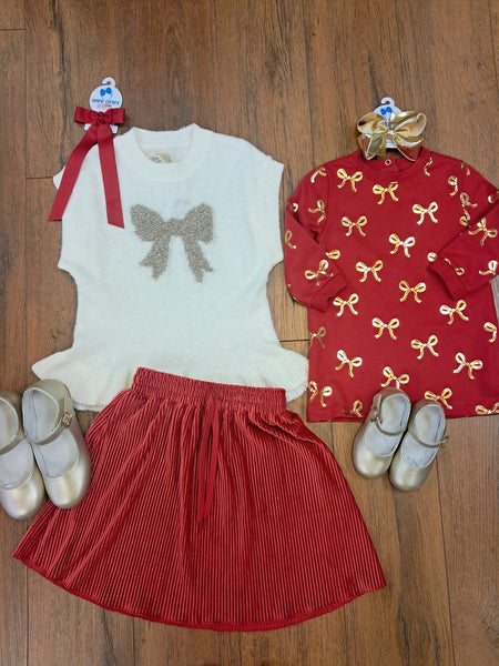 Red Pleated Velour Skirt