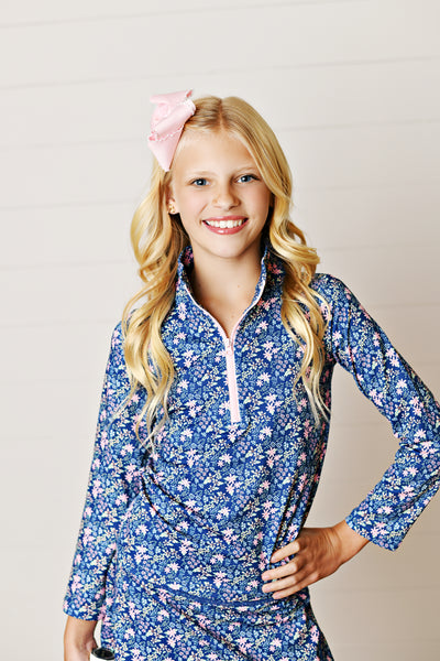 Navy Ditsy Floral 3/4 Zip Top