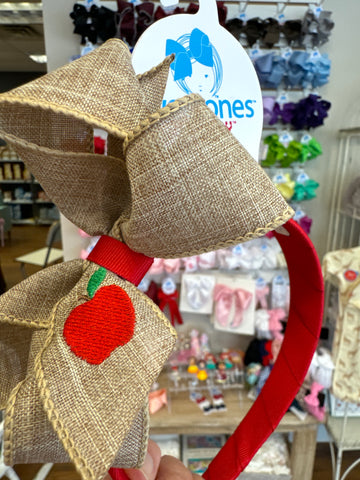 Apple Embroidered Linen Bow & Headband