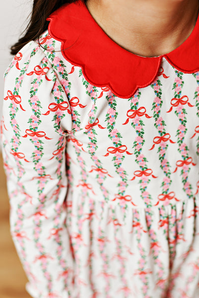 Red Bow Ribbon Floral Romper