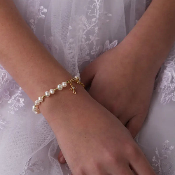 Gold Cross & Pearl Bracelet