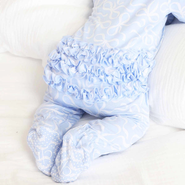 Blue-Tiful Bows Ruffle Zipper Footie