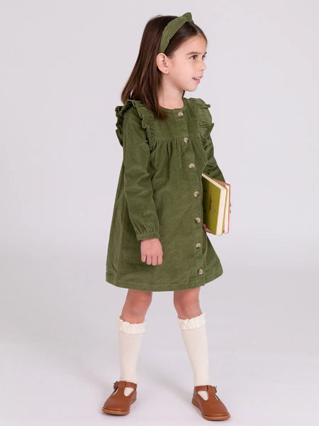 Olive Corduroy Ruffle Dress