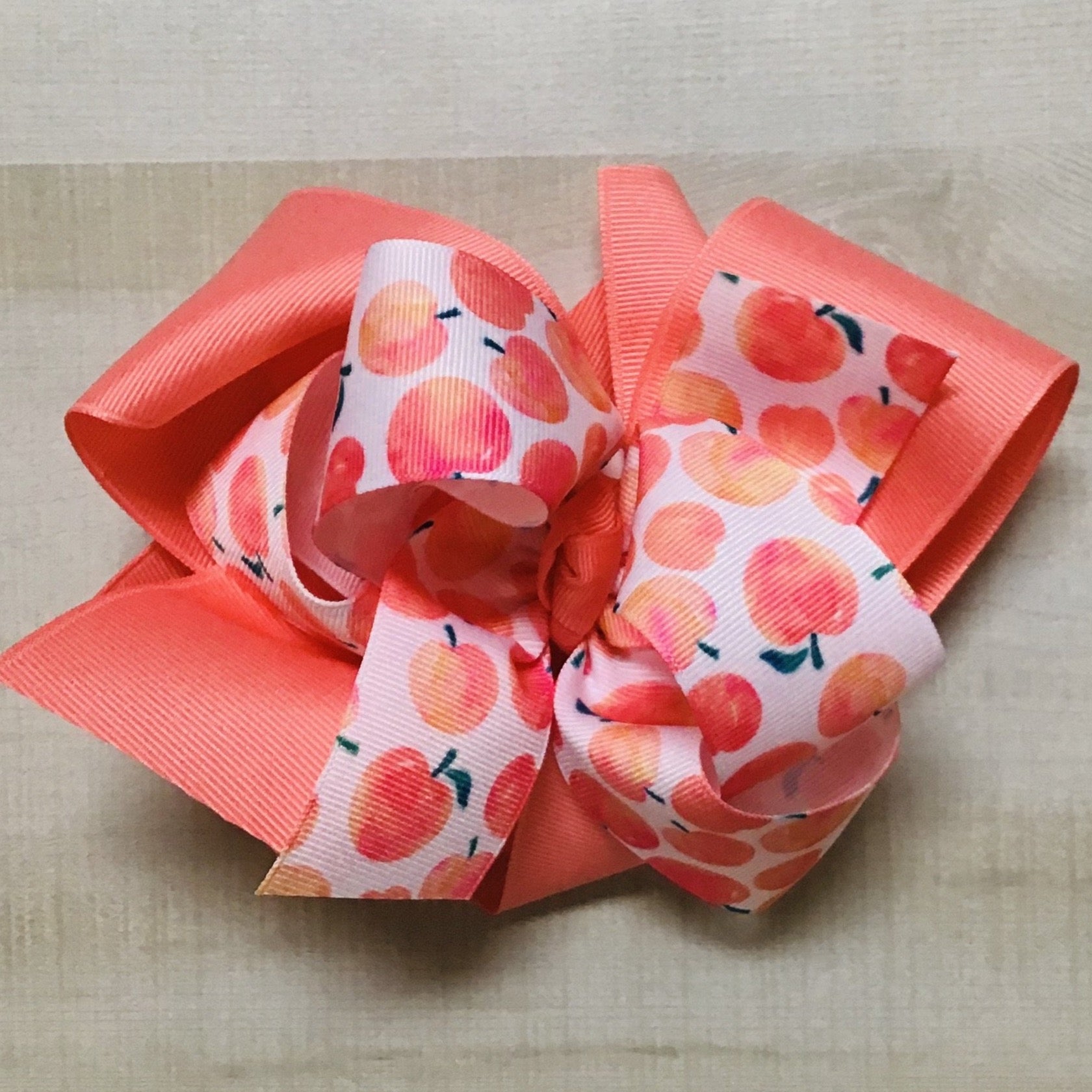Peach Print over Coral Ribbon Hairbow