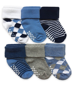 Argyle/Stripe Turn Cuff Socks 6 Pair Pack - Non-Skid